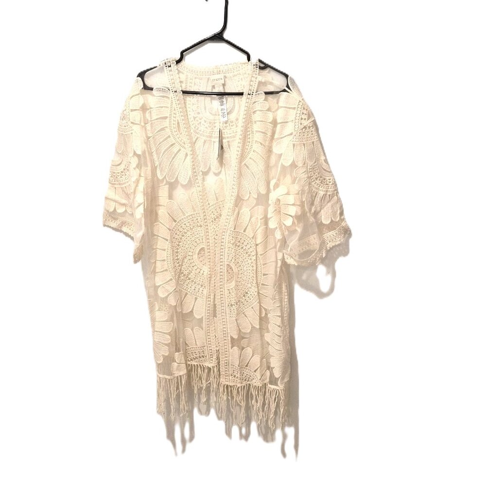 Chico’s Lace Fringe Topper Size 2 Cream Crochet Boho Duster Cardigan Resortwear